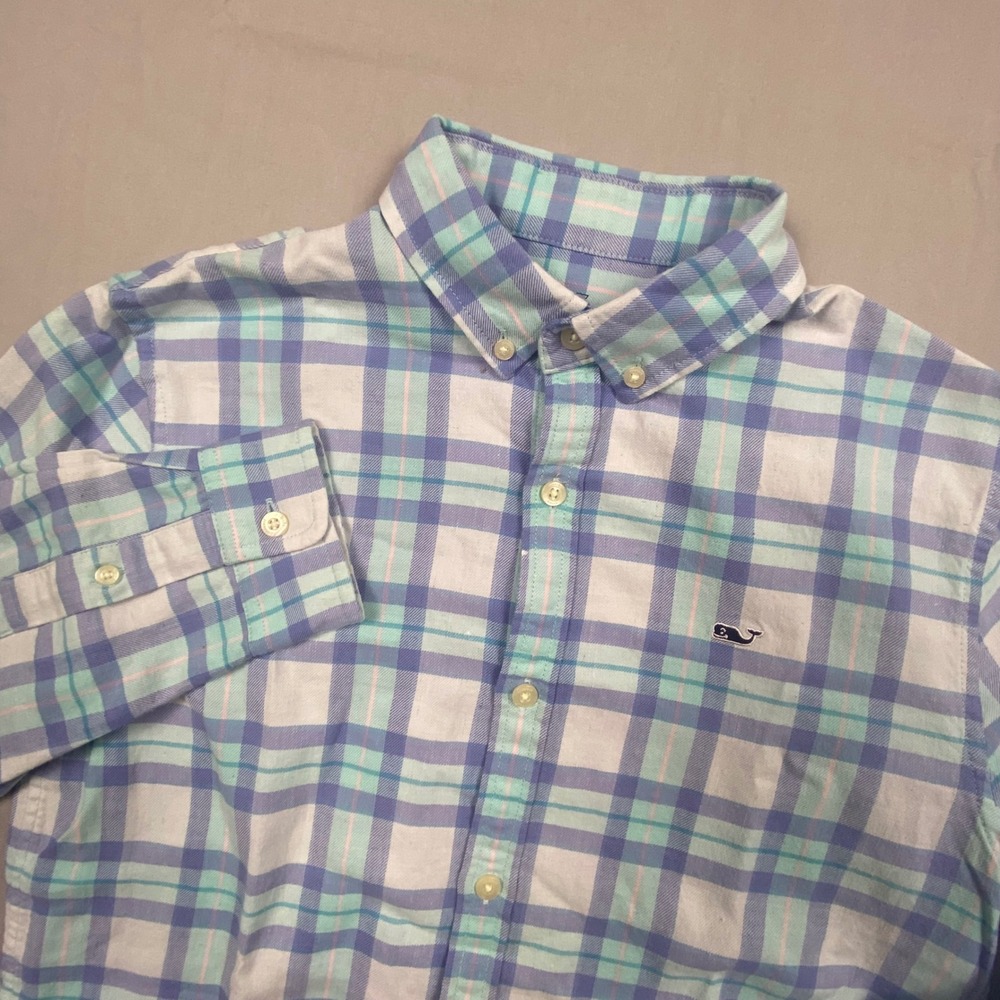 Vineyard Vines Boys L‎ 16 Plaid Button Down Shirt Blue Teal Preppy Linen Stretch